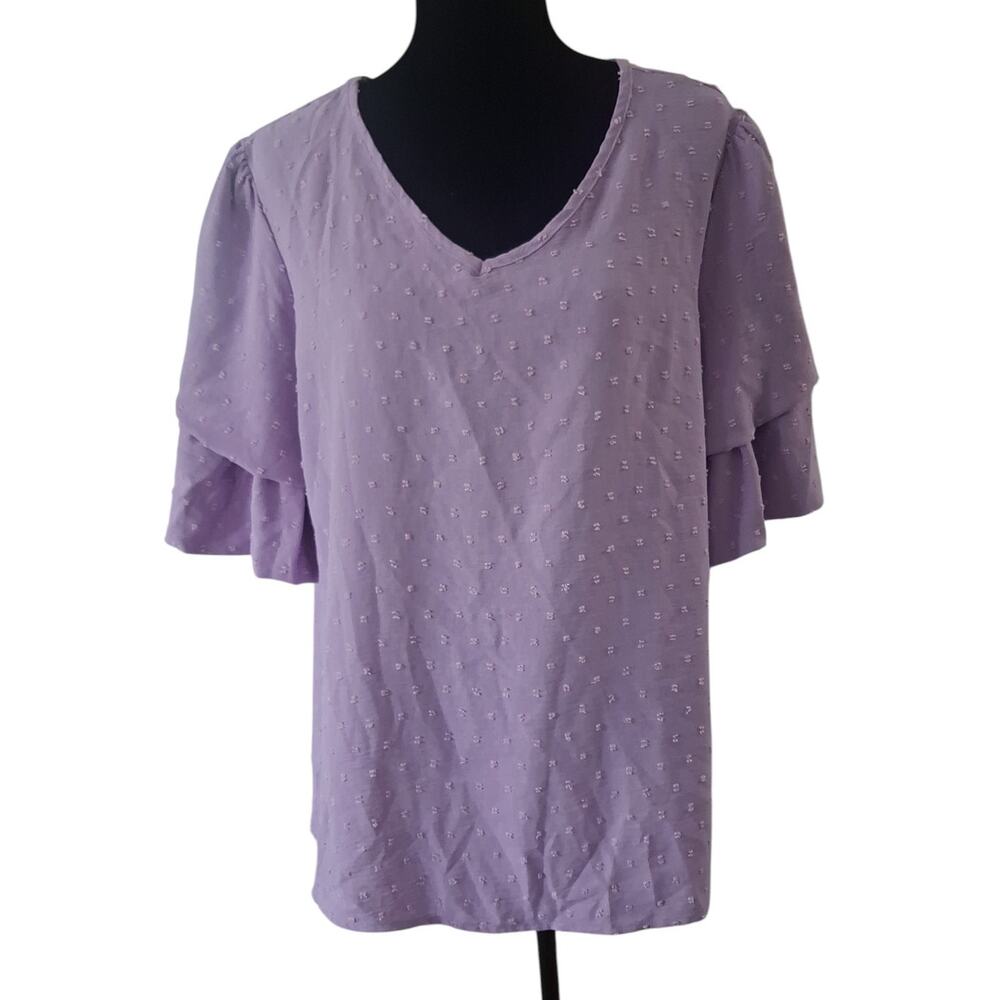 Womens Purple Top V-Neck 3/4 Ruffed Sleeve Size 1XL - Picture 2 of 8